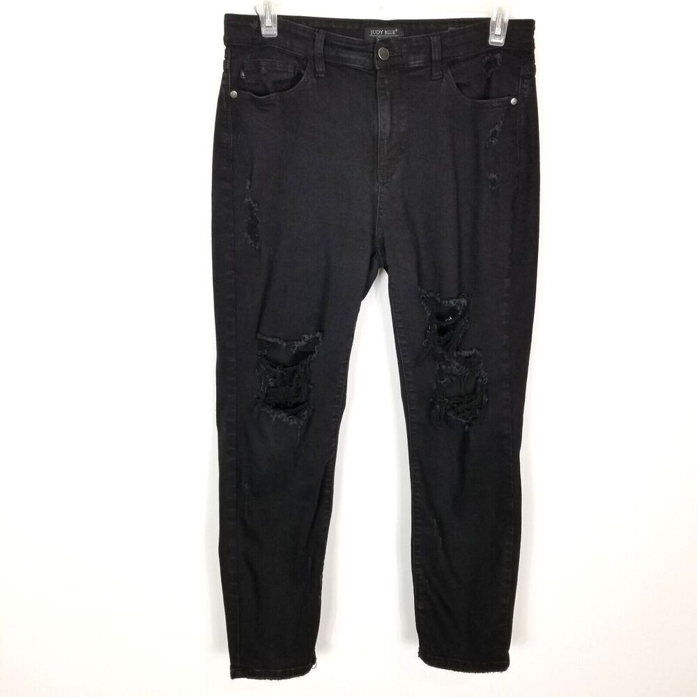 Judy Blue Women's Boyfriend Black‎ Jeans Sz 31 High Rise Distressed City